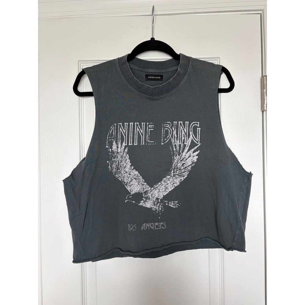 Anine Bing Los Angeles Eagle Graphic Muscle Tank Faded Grey Cropped Top